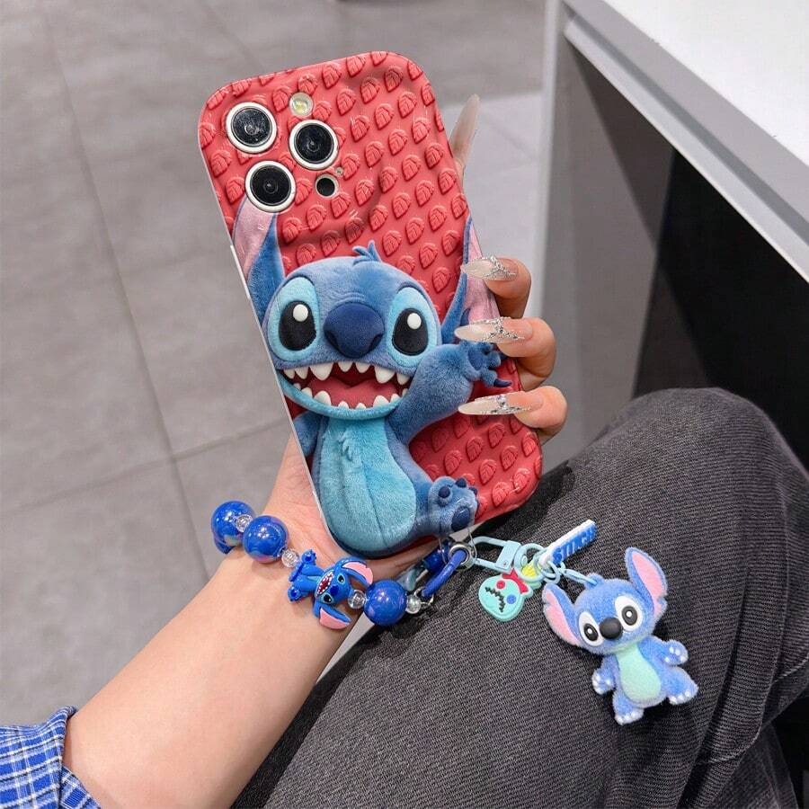 Disney Lilo & Stitch Phone Case With Stitch Charm And Stitch Lanyard - Cute Stitch Protective Case With Playful Expression And Red Leaf Background Design, Equipped With Delicate Stitch Decorative Lanyard And Beaded Bracelet For Easy Carrying, Compatible With IPhone 17, 16, 15, 14, 13, 12, 11 Pro Series, Ideal For Birthdays, Holidays, Anniversaries, Graduation Gifts, Or Any Special Occasion To Surprise Family, Friends, Classmates, And Loved Ones. - trắng - Xem 1