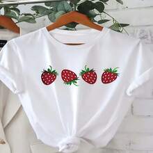 Women's Casual Cotton Strawberry Print Regular Short Sleeve Round Neck T-Shirt - Blanco - Ver 1