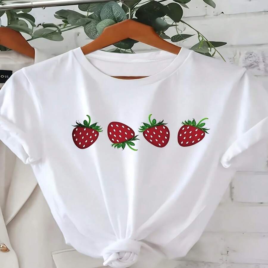 Women's Casual Cotton Strawberry Print Regular Short Sleeve Round Neck T-Shirt - Blanco - Ver 1