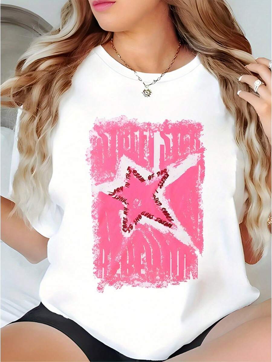 Camiseta negra de mujer con estrellas rosas |   Top casual oversized estilo calle americano, tejido elástico suave, cuello redondo, manga corta, diseño gráfico divertido, ajuste cómodo y elástico, lavable a máquina, ideal para outfits diarios y de fiesta - Negro - Ver 1