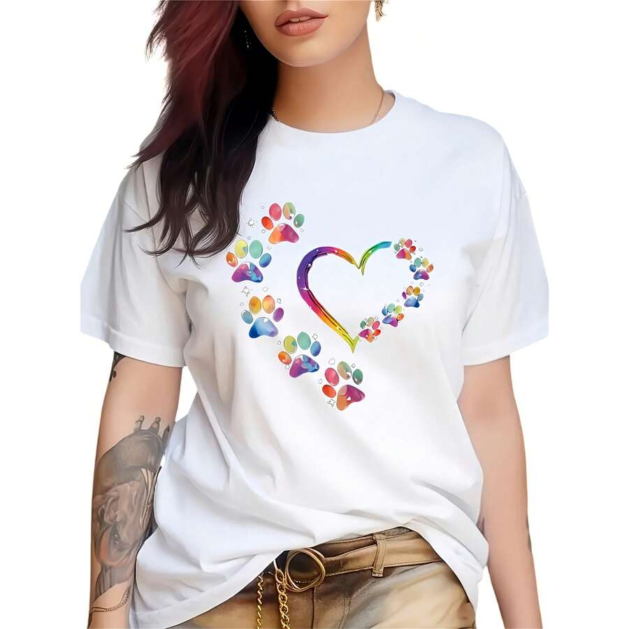 Camiseta de punto informal de manga corta para mujer con diseño de corazón y estampado de huellas de patas de colores, top sexy y bonito de corte regular para fiestas y uso diario. - Blanco - Ver 1