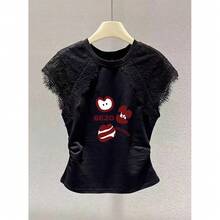 Camiseta de manga corta para mujer, estilo coreano, de algodón, con encaje, plisada, ajustada, blanca, con diseño creativo y cuello redondo, Verano 2025 - Papas fritas blancas [con hamburguesa de ] - Ver 10