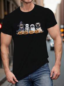 Halloween T-Shirt, Pug Print, Casual Short Sleeve Summer T-Shirt, Machine Wash, Regular Version, Crew Neck - Black - View 1