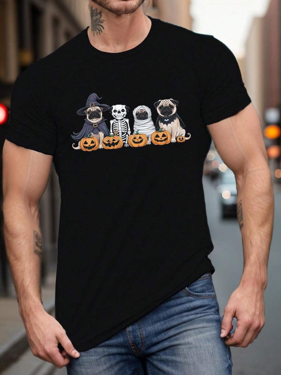 Halloween T-Shirt, Pug Print, Casual Short Sleeve Summer T-Shirt, Machine Wash, Regular Version, Crew Neck - Black - View 1