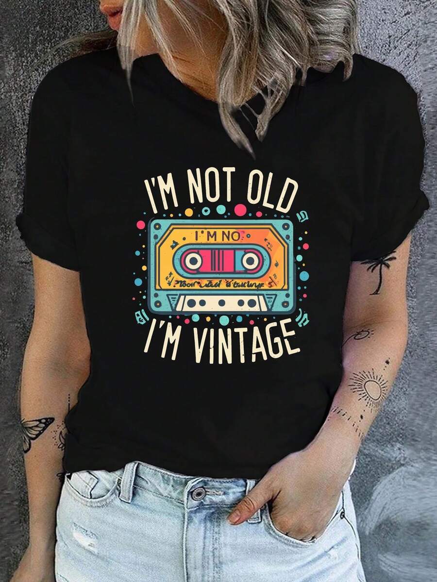 Una camiseta de manga corta para mujer, moderna, a la moda, retro, holgada, suave y cómoda, adecuada para actividades al aire libre en primavera y verano, camiseta de cuello redondo con estampado retro, top casual de manga corta para primavera y verano, ropa de mujer.blusas para mujer,blusas casuales para dama,tops,, mujer premium,y2k,playeras de mujer curvy,ofertas y liquidaciones ropa mujer,playeras deportivas para mujer,,playeras de hombre, mujer,blusas>elegante LWOZ - Negro - Ver 1