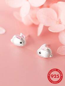 HuooNew 1 Pair 925 Sterling Silver Cute Rabbit Stud Earrings, Delicate 3D Rabbit Animal Earrings, Hypoallergenic Silver Jewelry, Suitable For Women, Perfect Gift - Silver - View 2