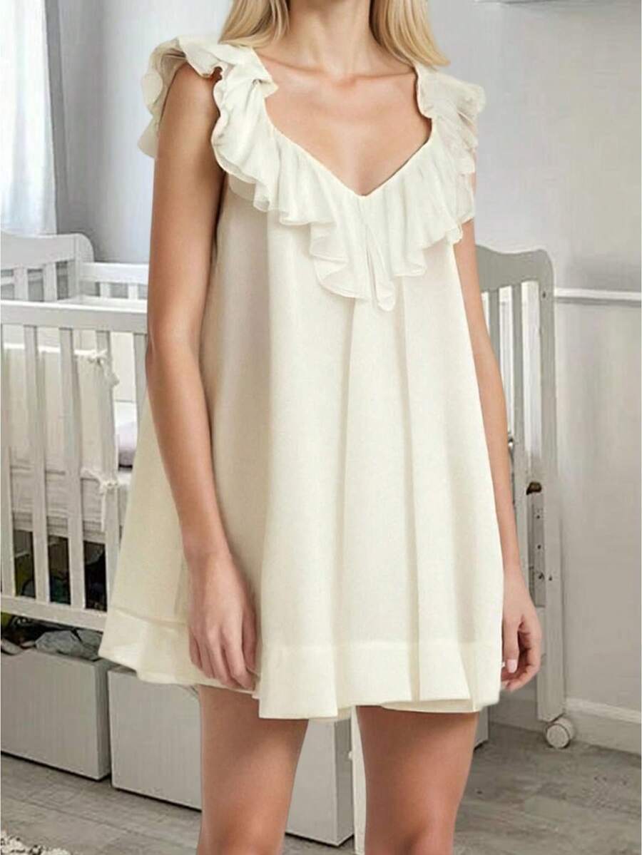 Womens Ruffle Hem Babydoll Dress - V Neck Sleeveless Open Back Loose A-Line Mini Sundress For Summer Outdoor Beach Party - 白色 - 查看 1