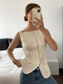 Camisa casual sin mangas de mujer con textura geométrica y abotonadura sencilla, con tela con textura geométrica y microfibra elástica, top ajustado para mujer, elegante y de moda para ir al trabajo, top camiseta casual y sencilla para todos los días, primavera/verano, top sin mangas, blusas de estilo antiguo, ropa occidental para mujer - Albaricoque 2 - Ver 6