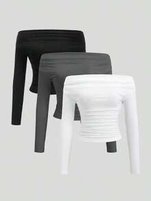 Conjunto de 3 piezas para mujer: Blusa de manga larga hombros descubiertos, blusas cortas entalladas, cómodas y amigables con la piel, versátil y estilizador - Multicolor 5 - Ver 8
