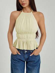 Top sin espalda con cuello de halter con pliegues y cintura con lazo para mujer - Amarillo claro - Ver 4