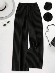 Pantalones casuales holgados de talle alto con rayas para mujer - Blanco y Negro - Ver 7