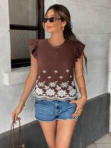 Blusa de verano casual de vacaciones con bordado floral y volantes en las mangas - Marrón - Ver 7