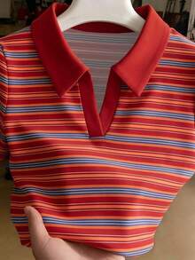 Camiseta casual versátil de mujer con cuello polo a rayas y manga corta - Multicolor 12 - Ver 1