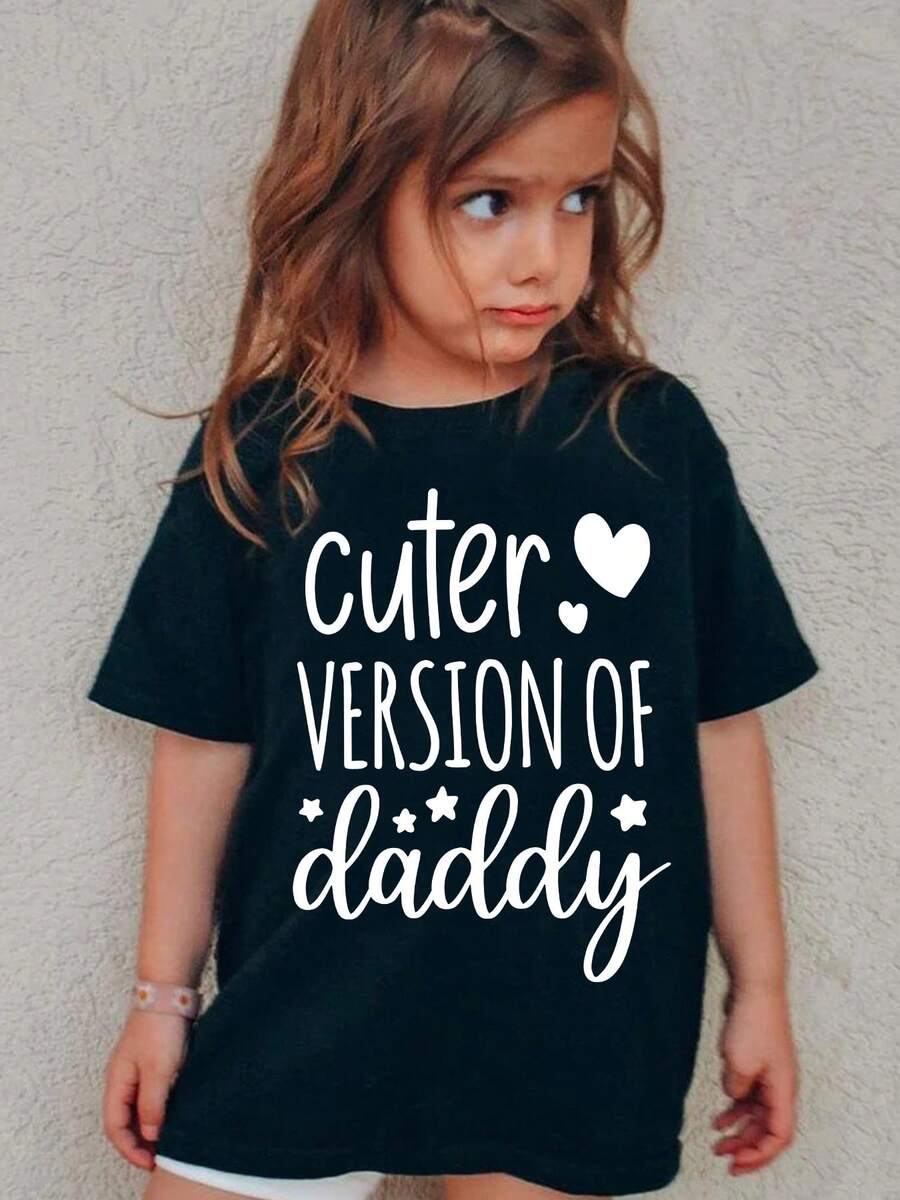 1 pieza de camiseta de manga corta para niñas, estilo veraniego, con elementos de estrellas y corazones, estampado de la linda palabra "Daddy", top casual versátil DX2842180g 100% algodón. - Negro - Ver 1