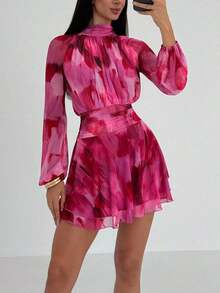 Vestido de manga larga ajustado con silueta de paraguas para mujer, nuevo para otoño/invierno, para uso casual/citas/salidas/maestras, vestido romántico con estampado de teñido anudado en púrpura y cuello alto con lazo en la cintura - Morado - Ver 3