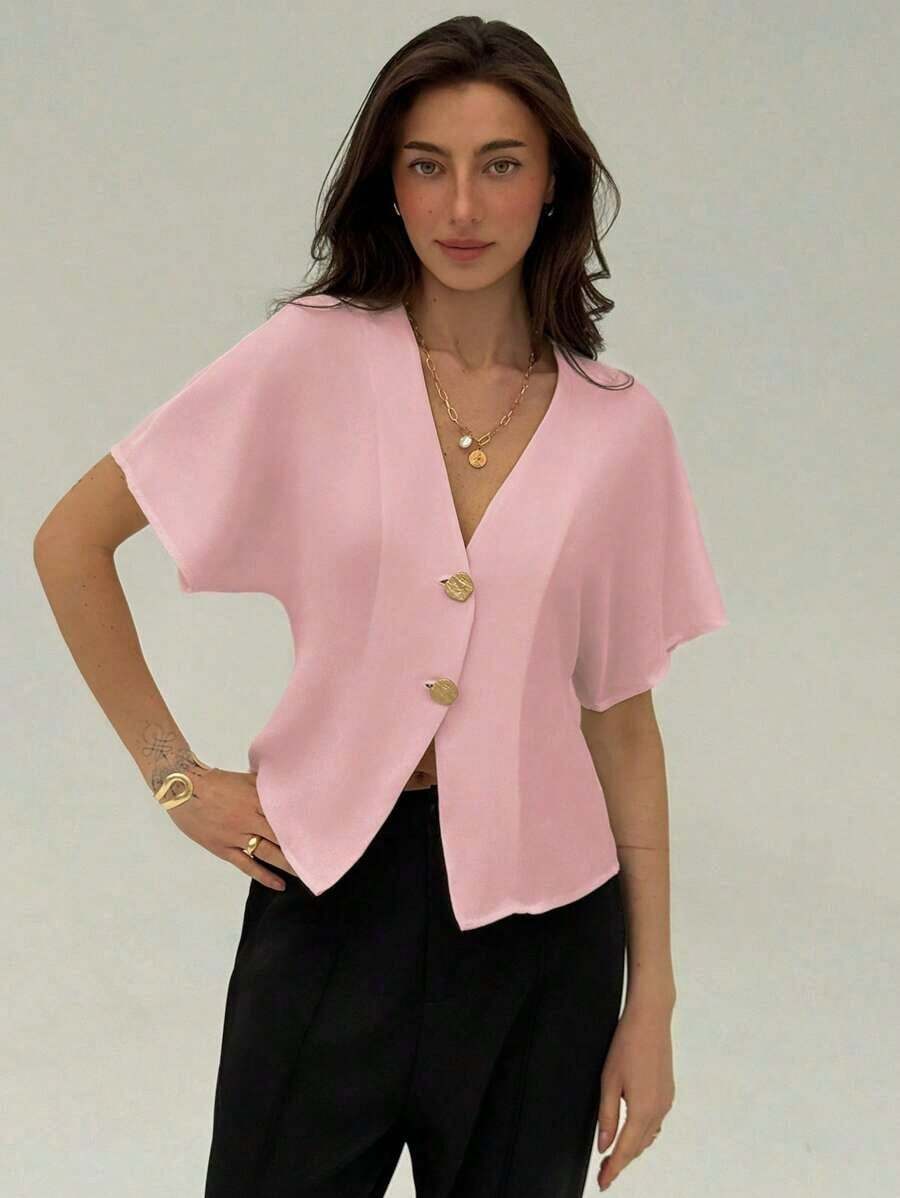 Camisa blanca sólida con mangas de murciélago, doble botonadura y frente abierto elegante - Rosa - Ver 1