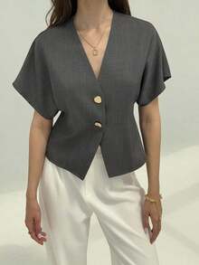 Camisa blanca sólida con mangas de murciélago, doble botonadura y frente abierto elegante - Gris - Ver 5