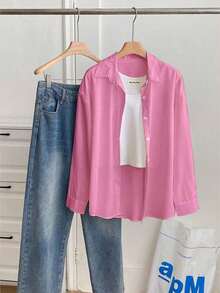 Camisa casual de manga larga, de un solo pecho, de unicolor y holgada para mujer - Rosa - Ver 6