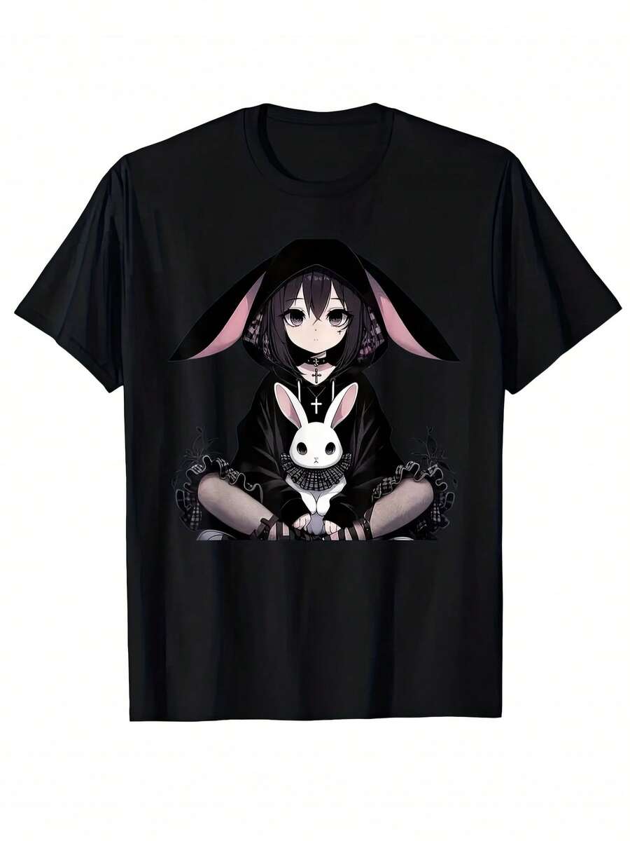 Blusas para mujer y playeras de mujer, Playera gótica con estampado de chica anime con conejo blanco, estilo oscuro y tierno para looks alternativos, blusas casuales para dama ideal como vestidos casuales para mujer de estilo alternativo - Negro - Ver 1