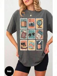 Camiseta de manga corta con cuello redondo y manga regular de poliéster con temática de viajes casual para mujer XD01 - Gris Oscuro - Ver 1