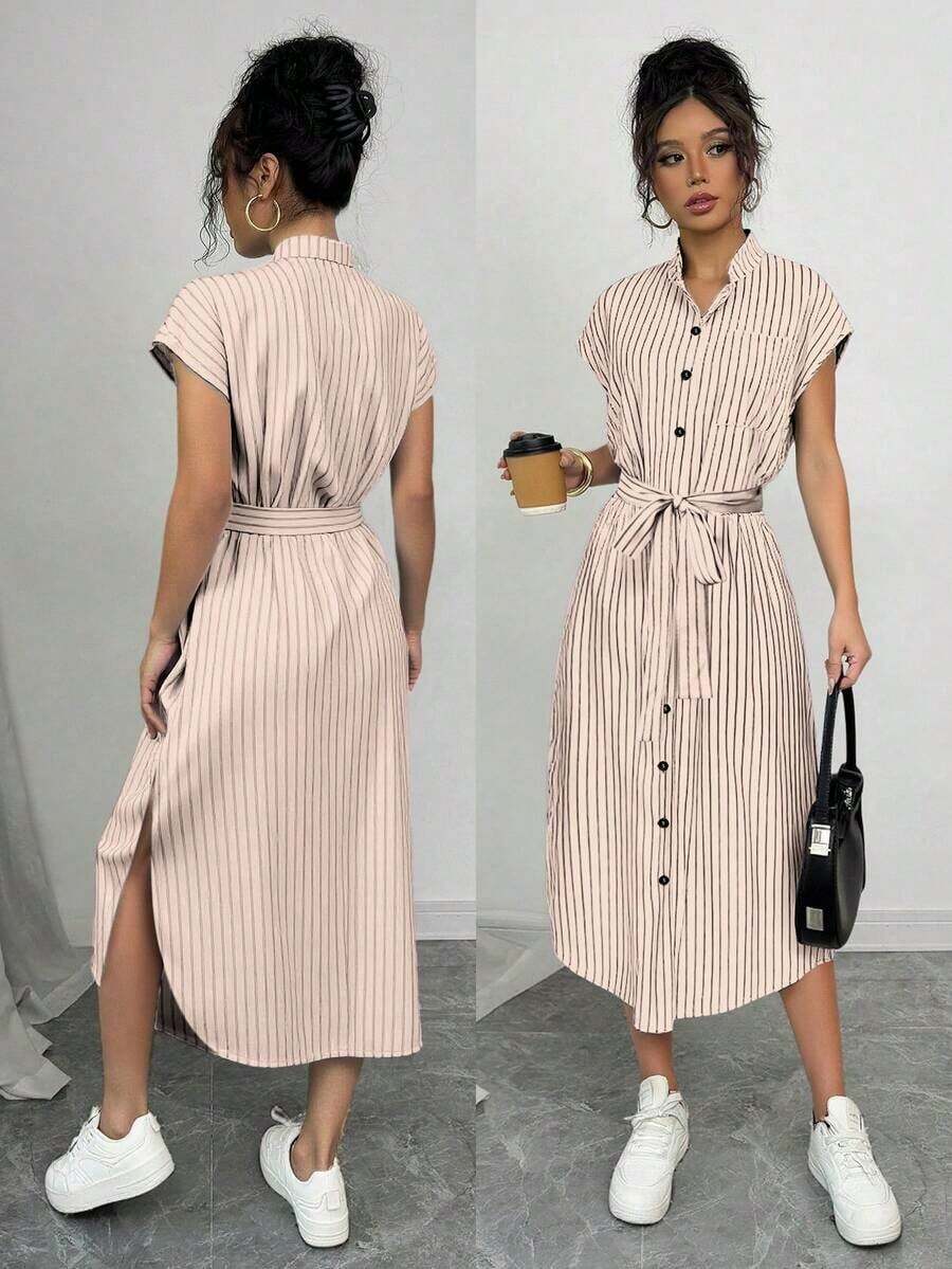 Vestido largo de manga corta para verano 2025, nuevo, con bolsillo, abertura lateral, cinturón y lazo, estampado de leopardo, para uso casual y de viaje - Albaricoque 2 - Ver 1