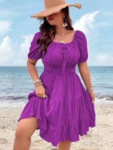 Clasi Vestido corto de manga corta en color burdeos de uso diario, sencillo y liso para mujeres de talla grande - Morado - Ver 8