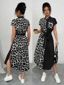 Vestido casual y elegante para el trabajo, vacaciones y viajes, con estilo antiguo, estampado de leopardo, botones delanteros, cinturón con moño, bolsillo, aberturas laterales, contraste de tejido, manga corta, nuevo para el verano 2025 - Gris 2 - Ver 8