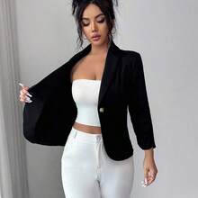 Elenzya Elegant Rose Gold Metal Button Waist Cinched Shawl Neck Black Long Sleeve Women Thin Blazer - Negro - Ver 9