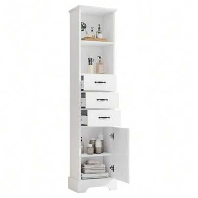 Bathroom Cabinet Measuring 38 X 26 X 172.5 Cm High, Fully Lacquered To Resist Moisture, With Three Drawers, Two Open Shelves, Doors, Adjustable Shelves, And White Color.