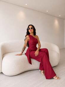Elegant Asymmetrical Tailored Wide-Leg Pants And Blouse Set - 紅木色 - 查看 4