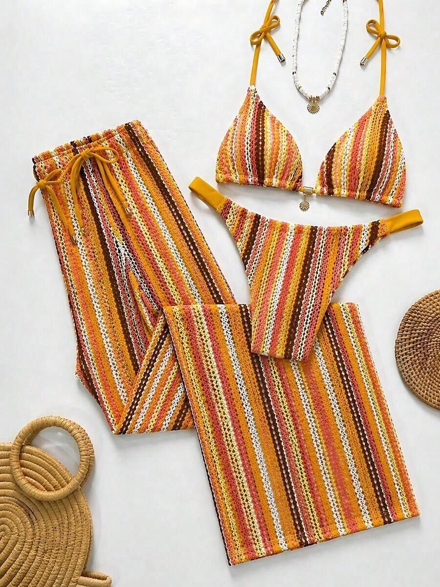 Swim Chiccia Conjunto de bikini a rayas sexy para mujer con pantalones, nueva llegada de trajes de baño para mujer 2026, adecuado para la escuela, vacaciones, citas, té de la tarde, estilo occidental, cruceros, playa, isla, viajes por carretera, todas las estaciones, festivales de música, vacaciones bohemias, vacaciones bohemias, otoño relajado, estilo occidental bohemio, blusas elegantes para mujer - Multicolor 11 - Ver 1