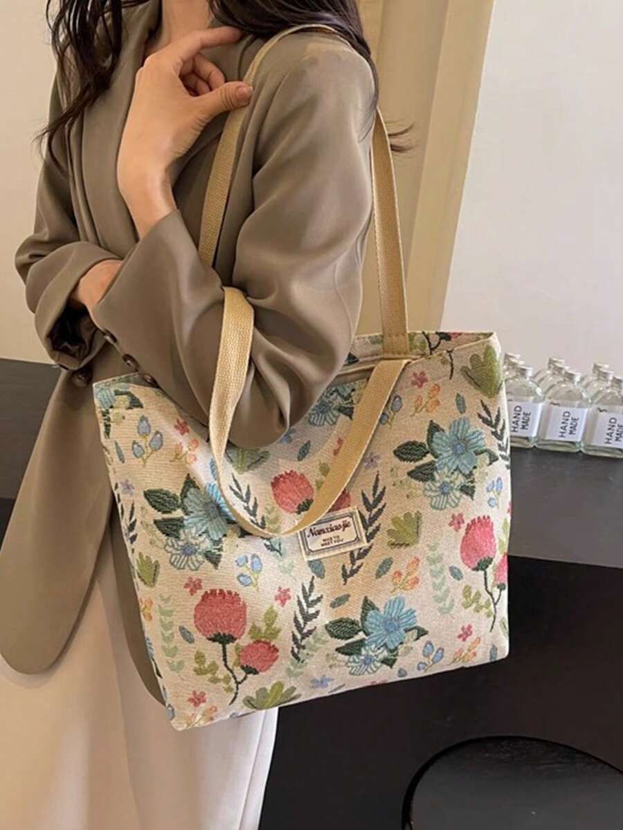 時尚花卉圖案大容量通勤托特包套組，包含一個大包和一個小包，相同圖案，簡約時尚，油畫風格設計，適合大學生肩背，寬敞拉鍊旅行包，返校必備，也適合通勤、購物和日常休閒使用，絕佳禮物選擇，也適合旅行度假、情人節、生日、節日禮物