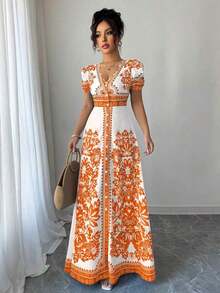 Nuevo diseño de vestido midi elegante con estampado floral posicionado, escote en V, mangas abullonadas y cintura ceñida, en un estilo sofisticado y favorecedor al Body con inspiración del Medio Oriente, en colores azul y blanco tejidos - Naranja - Ver 3