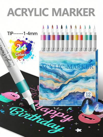12/24/36 Cores Marcadores de Tinta Acrílica, Adequados para Pintura em Rocha, Papel, Abóbora, Madeira, Ovo, Tela, Cerâmica, Tecido, Couro, Vidro, Artesanato DIY.