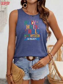 L-Ord God A-Lmighty Printed Graphic Women's Casual Sleeveless Tank Top Women's Crew Tank Top Ideal For Daily Outings Vacations Beach Trips Shopping And Casual Gatherings - Navy Blue - View 2