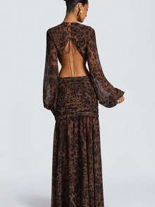 Vestido largo de gasa manga larga espalda descubierta color liso elegante - Marrón - Ver 4