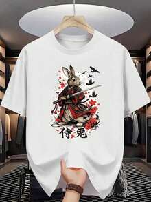Samurai Rabbit Men's Cotton T-Shirt, With Japanese Samurai Rabbit And Sword Print, High Quality Cotton, Durable, Casual, Loose And Comfortable. - Mixed Colors - View 8