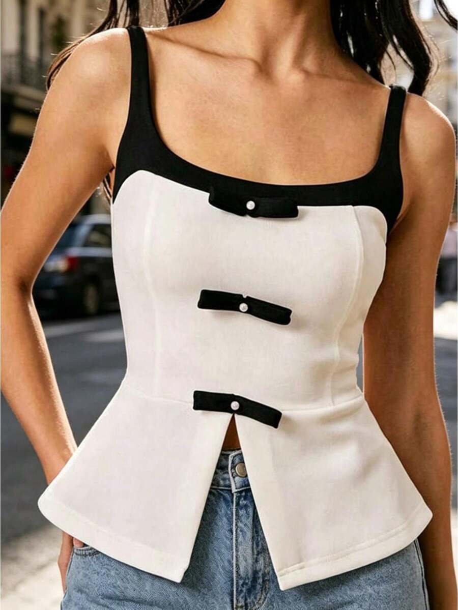 Women's Summer Contrast Color Slit Hem Waist-Cinching Tank Tops Soft Breathable Daily Party - White - View 1