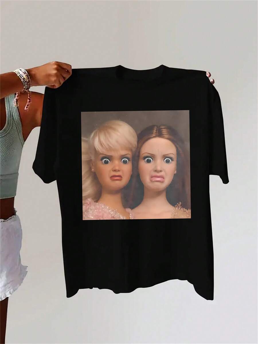 Short-Sleeved T-Shirt With A Round Neck, Printed Design, And A Casual Yet Sexy Style. Ideal For Everyday Wear, Festivals, Fitness, Parties, And Travel In Spring, Summer, And Fall. Comfortable And With A Perfect Fit. Elegant And Fashionable, This T-Shirt Features A Classic Rock Band Print, Perfect For Festivals Or Everyday Wear. It's A Majja Women's Printed T-Shirt And A Norbokin Patterned T-Shirt. - 黑色 - 查看 1
