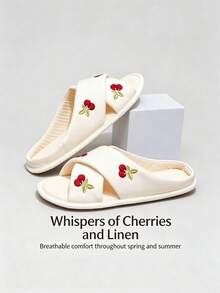 1 Pair Soft & Healing Cherry Embroidery Cross Linen Slippers, Milky White Base With Delicate Cherry Embroidery, Gentle And Youthful, Comfortable Choice For Spring/Summer Home, Bedroom Or Living Room, Girly, Home Essential, Soft Girl Must-Have - Cherry Slippers - View 9