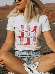 [Diseño Especial]Camiseta Casual para Mujer con Estampado de Botas y Estilo Vaquero Occidental - Negro - Ver 10