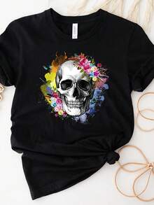 Camiseta de calavera con flores, camiseta de calavera con flores, camiseta de esqueleto, calavera colorida, camiseta de calavera pintada. Camiseta unisex de algodón puro de 220 g. Peso ideal para todas las estaciones, adecuada tanto para hombres como para mujeres. Tejido duradero de alta calidad, suave al tacto y de larga duración. Parte superior transpirable. Adecuada para la primavera y el verano de las mujeres, vacaciones, Día de la Madre, Día de la Independencia. - Negro - Ver 1