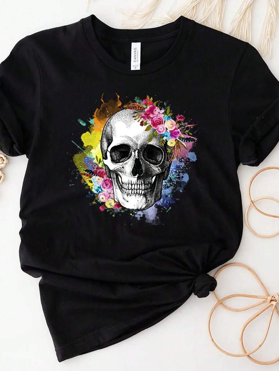 Camiseta de calavera con flores, camiseta de calavera con flores, camiseta de esqueleto, calavera colorida, camiseta de calavera pintada. Camiseta unisex de algodón puro de 220 g. Peso ideal para todas las estaciones, adecuada tanto para hombres como para mujeres. Tejido duradero de alta calidad, suave al tacto y de larga duración. Parte superior transpirable. Adecuada para la primavera y el verano de las mujeres, vacaciones, Día de la Madre, Día de la Independencia. - Negro - Ver 1
