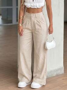 Pantalones largos sueltos y casuales tejidos para mujer, verano - Caqui - Ver 3