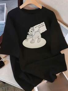 Camiseta de Mujer de Verano de Algodón Casual Popular de Manga Corta, Color Gris y Blanco con Estampado de Cachorro, Cuello Redondo, Estilo Pullover para Mujer - Negro - Ver 1
