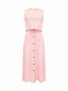Conjunto de 2 piezas para mujer: Blusa sin mangas de unicolor + Falda A-line casual y suelta con botones delanteros, conjunto de verano para mujer elegante - Rosa - Ver 2