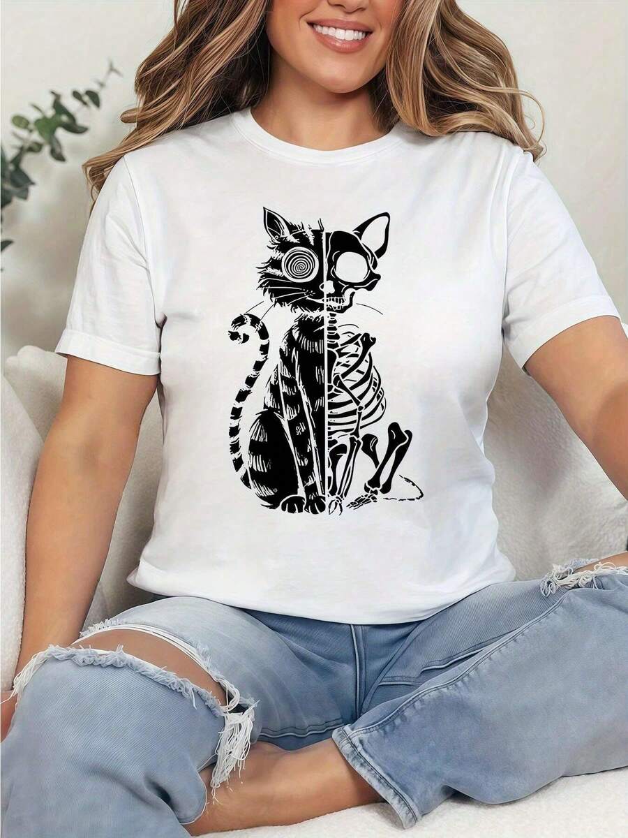 disfraz halloween hombreCamiseta gótica para mujer con estampado de esqueleto, alas de gato y murciélago - Mezcla de 95% poliéster y 5% elastano, 170 g/m² de peso pesado, cuello redondo, manga corta, corte holgado, ropa casual y gótica para todas las estaciones, tallas S-3XL, diseño negro con gato gótico y alas de murciélago blancas, lavable a máquina, corte relajado para atuendos casuales, elegante y cómoda para usar en capas, perfecta para eventos temáticos y atuendos casuales. - Negro - Ver 1