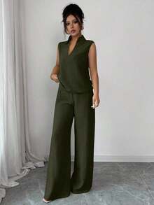 Set de 2 piezas de top sin mangas de cuello en V y pantalones rectos con decoración de cinturón holgado, de estilo casual y versátil para mujer, para primavera/verano - Verde militar - Ver 4