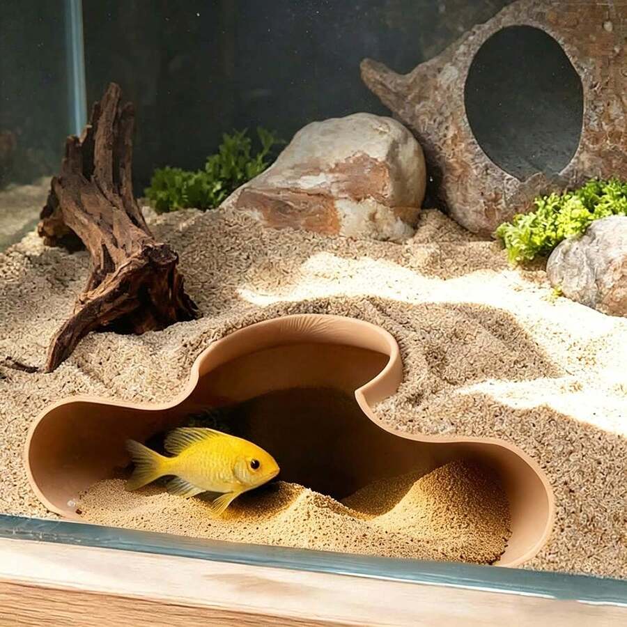 水族魚隧道躲避洞穴，適用於孔雀魚、鬥魚、長鬚鯰魚，自然弧形設計，安裝簡單，淡水與海水魚缸裝飾配件