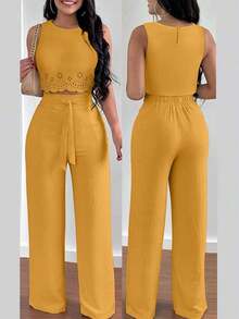 Set de 2 piezas para mujer con top corto elegante con diseño calado y ata y pantalón recto para vacaciones - Amarillo - Ver 4